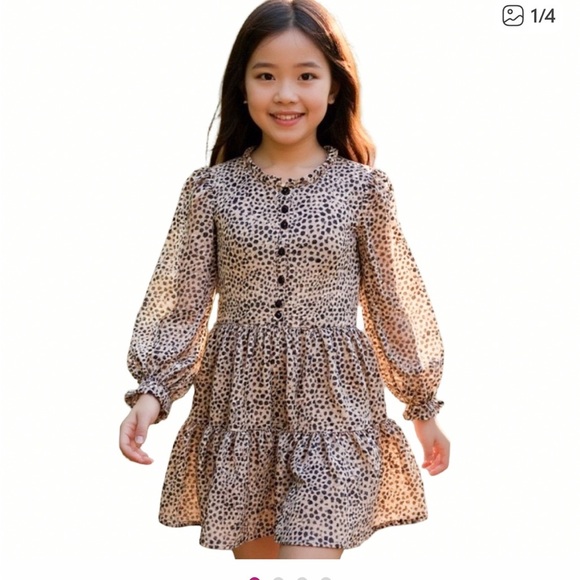 Crewcuts: Leopard Animal Print Long gathered Sleeve Dress tiered/ruffles: (14) - Picture 3 of 4